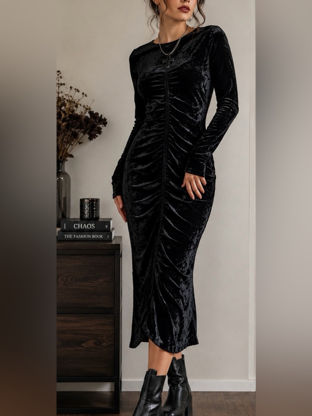 Black Velvet Ruched Midi Dress XL Open Back Goth Dark Academia Party Maxi